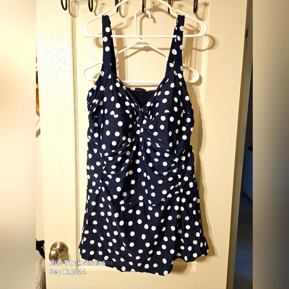 Plus Size Nautical Spot Navy Blue One Piece Swimdress Swimsuit Bathing Suit 24W
